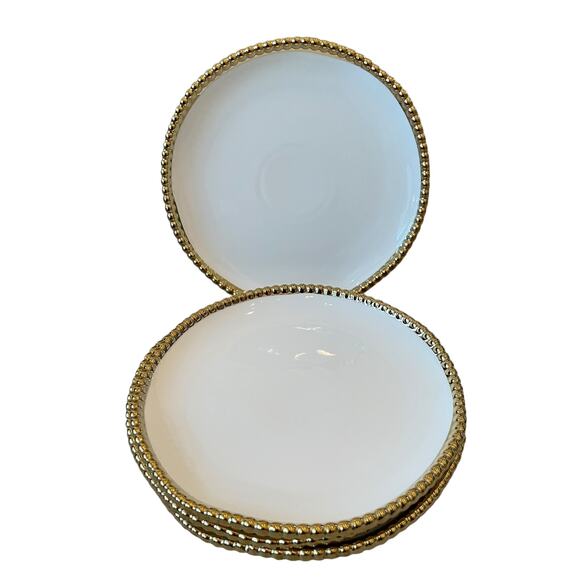 LA PINETINA Ceramic Appetizer Plates 8.5in Set of 4 White Gold Beaded Rim NEW - Picture 1 of 9